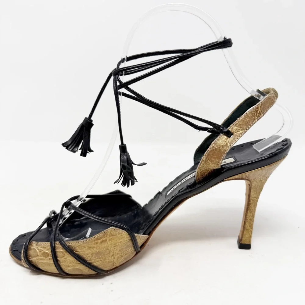 Manolo Blahnik Strappy Lace Up Tassel Heel Sandals Womens Size EU 37